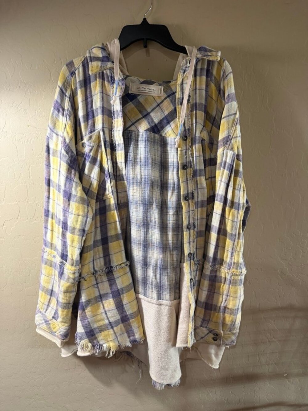 Free People Yellow Plaid Button Down Shirt Hoodie